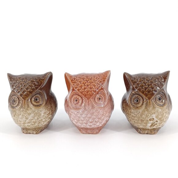 Ceramic Glazed Owl Hoot Figurines Fall Autumn Red Brown Set 3 Glass Decor - Picture 2 of 9